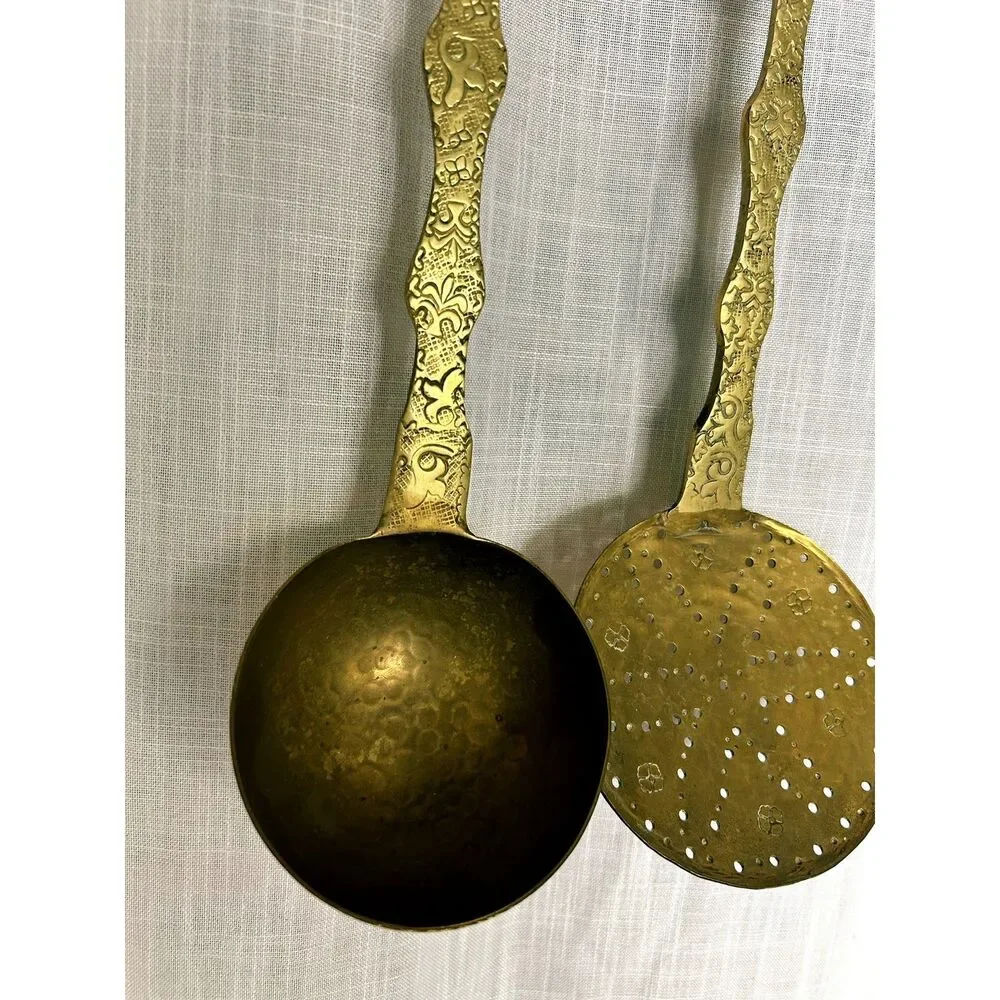 Antique Ornate Brass Ladle and Skimmer Set Embossed Floral Long Handle